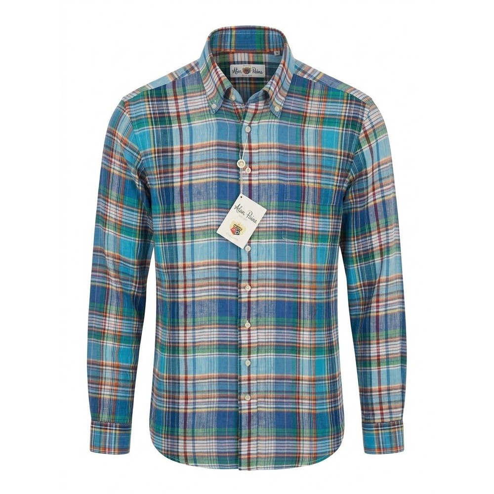 Alan Paine Mens Beaford Classic Fit 100% Linen Plaid Shirt Blue Multi Size S New